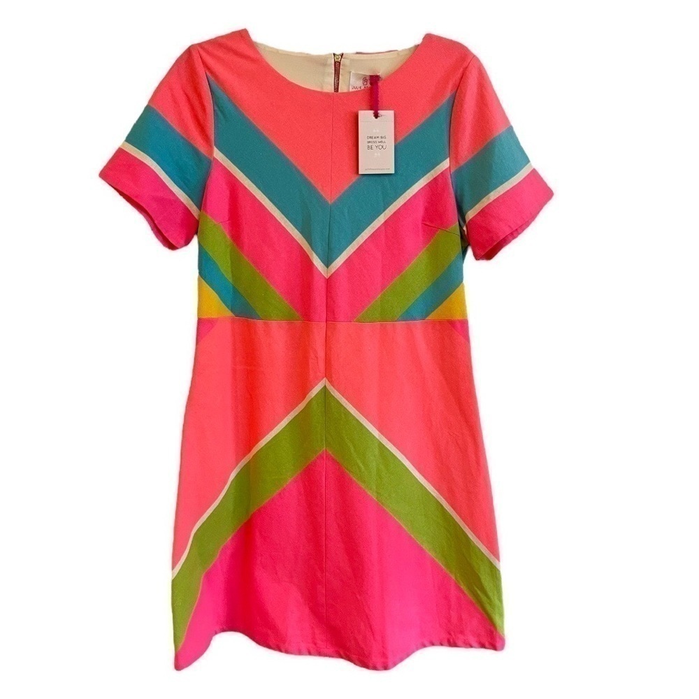 JULIE BROWN, NWT, COLOR BLOCK, KNEE LENGTH DRESS. SHORT SLEEVE, WAISTED, SIZE 10